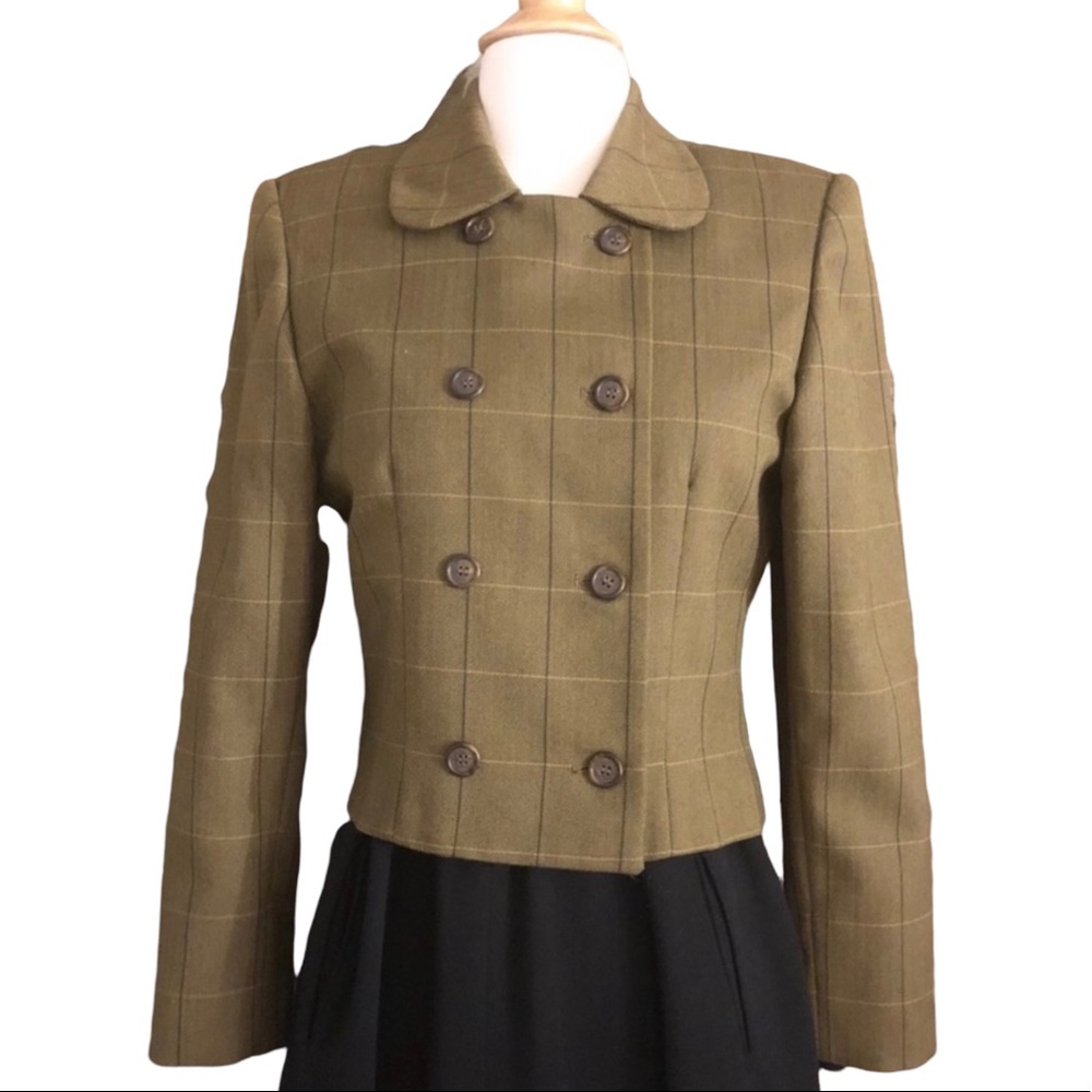 1980’s Olive Green Plaid Jacket, Structured Double Breasted Jacket, 4P, Small